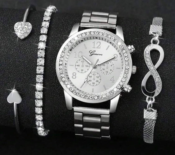 4 Pieces Lady's Silver Stainless Steel Strap Classic Quartz Watch Jewelry Set